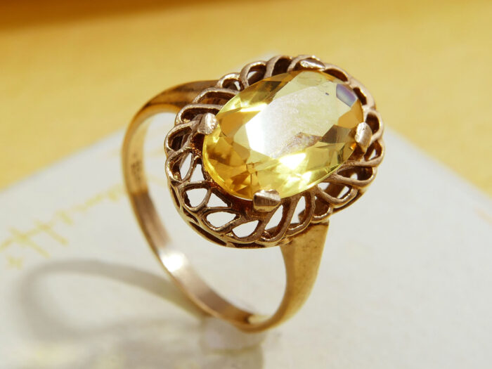 Citrine Cocktail Gold Ring Large Oval Cut Floral Scrolls 7