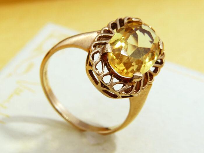 Citrine Cocktail Gold Ring Large Oval Cut Floral Scrolls 8