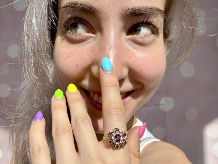 Garnet & Sapphire Snowflake Cluster Yellow Gold Ring 1969 2