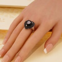 Vintage Black Spinel Heart Shape Halo Ring in Solid Silver 2