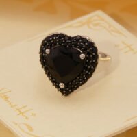 Vintage Black Spinel Heart Shape Halo Ring in Solid Silver 5