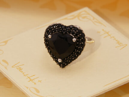 Vintage Black Spinel Heart Shape Halo Ring in Solid Silver 5