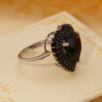 Vintage Black Spinel Heart Shape Halo Ring in Solid Silver 6