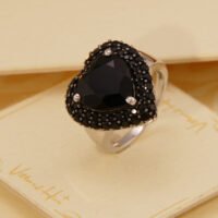 Vintage Black Spinel Heart Shape Halo Ring in Solid Silver 8