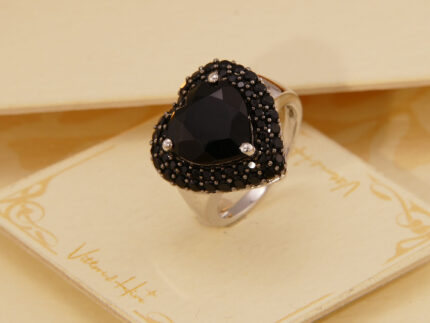 Vintage Black Spinel Heart Shape Halo Ring in Solid Silver 8