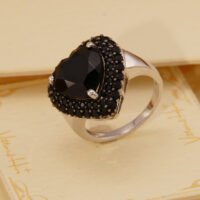 Vintage Black Spinel Heart Shape Halo Ring in Solid Silver 9
