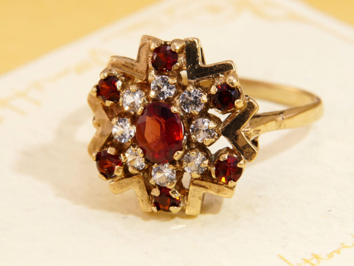 Vintage Garnet Sapphire Snowflake Cluster Yellow Gold Ring 1969 1