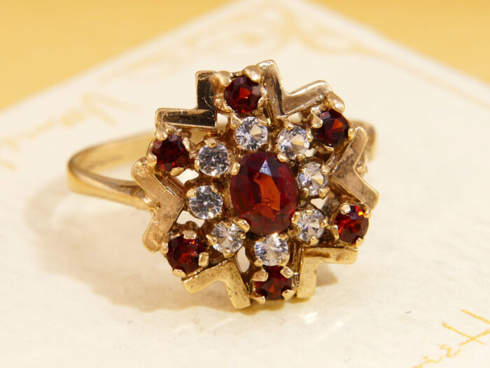 Vintage Garnet Sapphire Snowflake Cluster Yellow Gold Ring 1969 2