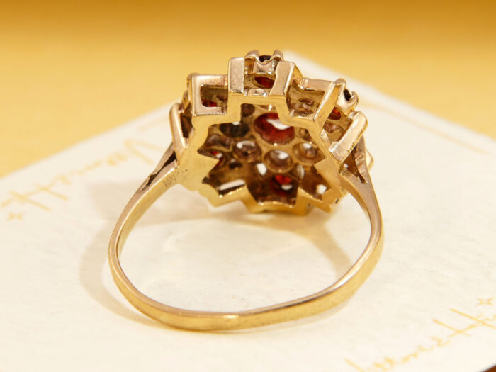 Vintage Garnet Sapphire Snowflake Cluster Yellow Gold Ring 1969 3