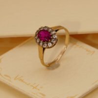 Vintage Red & Clear Spinel Halo Ring in 9ct 9K Yellow Gold 1965 9