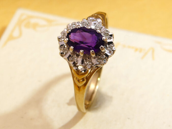 Oval Amethyst Diamond Halo Ring Yellow 9K Gold 1986 1