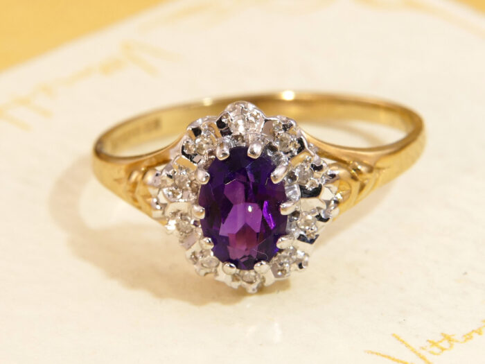 Oval Amethyst Diamond Halo Ring Yellow 9K Gold 1986 5