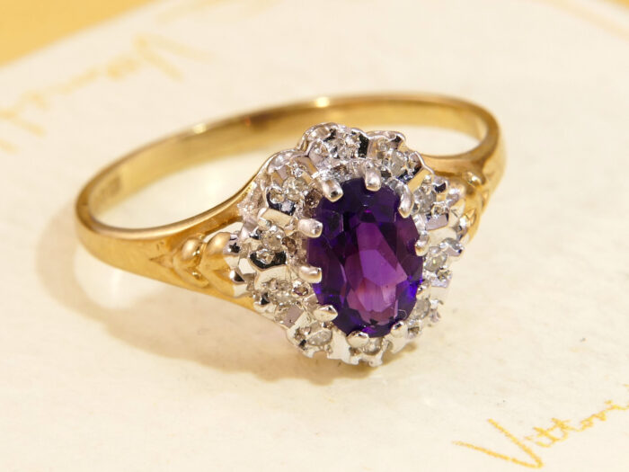 Oval Amethyst Diamond Halo Ring Yellow 9K Gold 1986 6