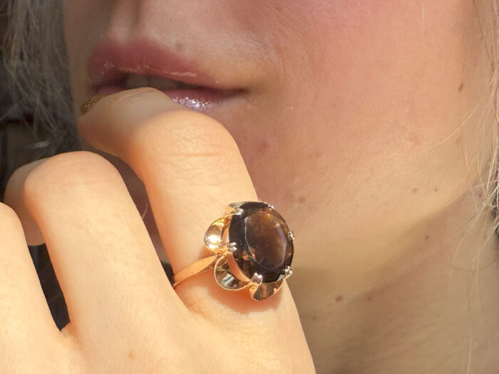 Smoky Quartz Cocktail Ring Yellow 9K Gold London 1981 1