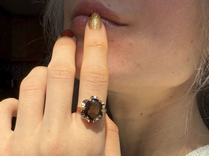 Smoky Quartz Cocktail Ring Yellow 9K Gold London 1981 2