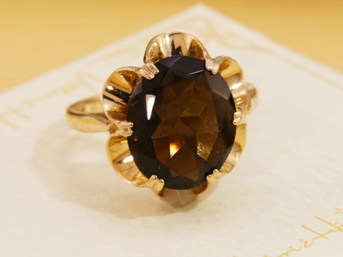 Smoky Quartz Cocktail Ring Yellow 9K Gold London 1981 3