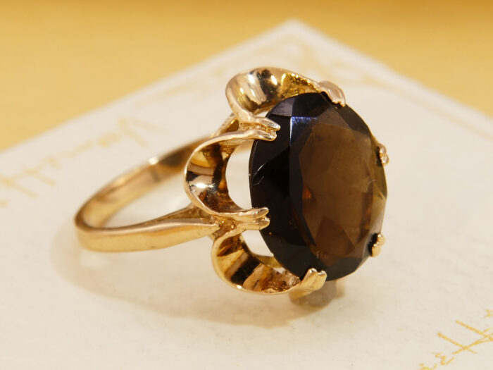 Smoky Quartz Cocktail Ring Yellow 9K Gold London 1981 4