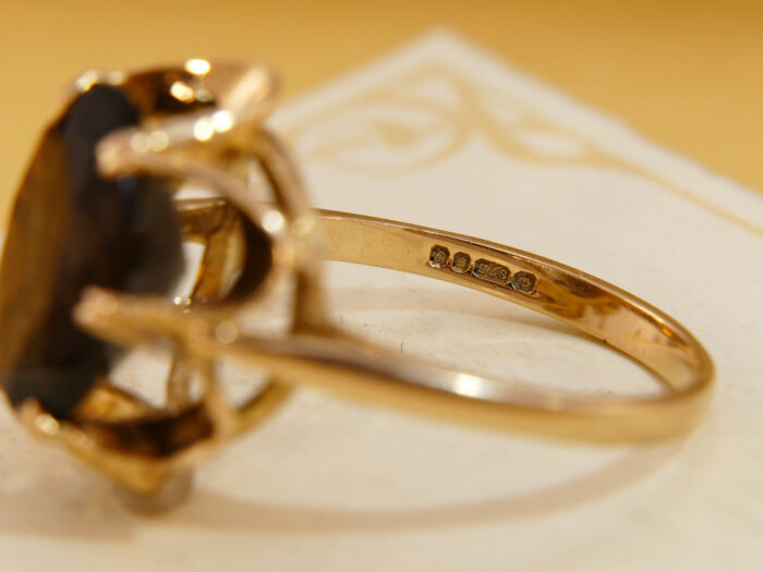 Smoky Quartz Cocktail Ring Yellow 9K Gold London 1981 6