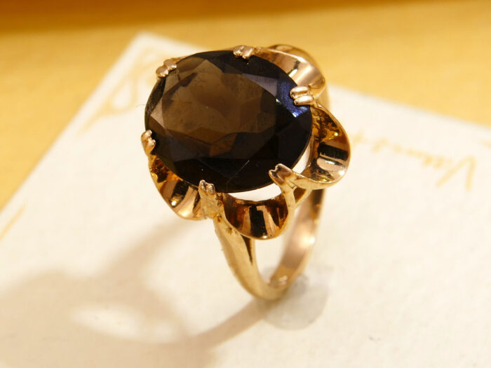 Smoky Quartz Cocktail Ring Yellow 9K Gold London 1981 7