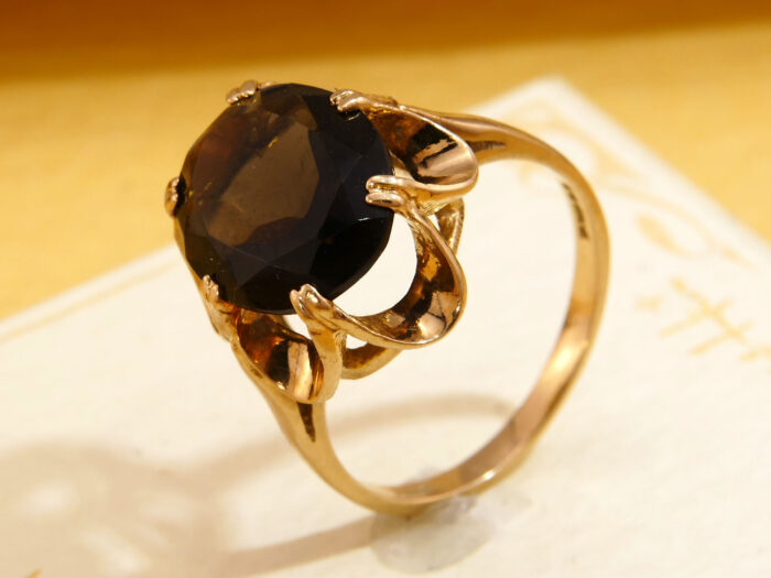 Smoky Quartz Cocktail Ring Yellow 9K Gold London 1981 8