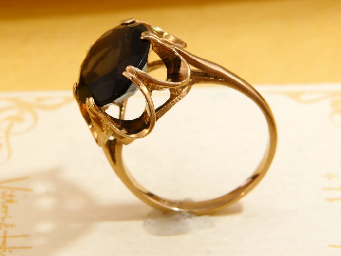 Smoky Quartz Cocktail Ring Yellow 9K Gold London 1981 9
