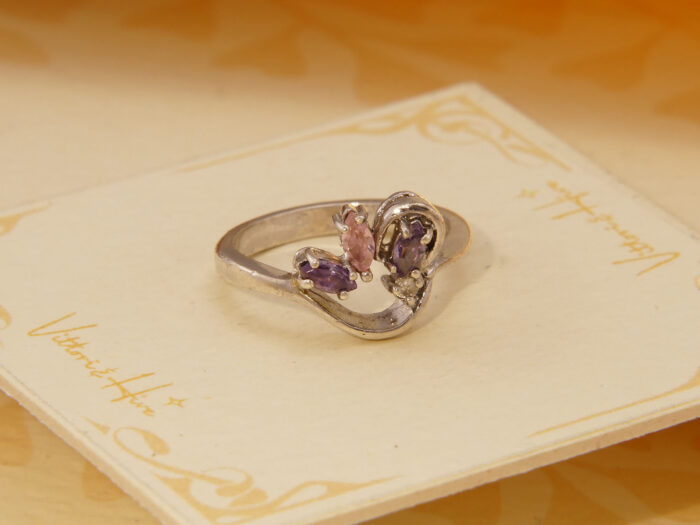Vintage Abstract Pink Kunzite & Amethyst Solid Silver Ring 2