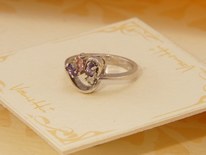 Vintage Abstract Pink Kunzite & Amethyst Solid Silver Ring 4