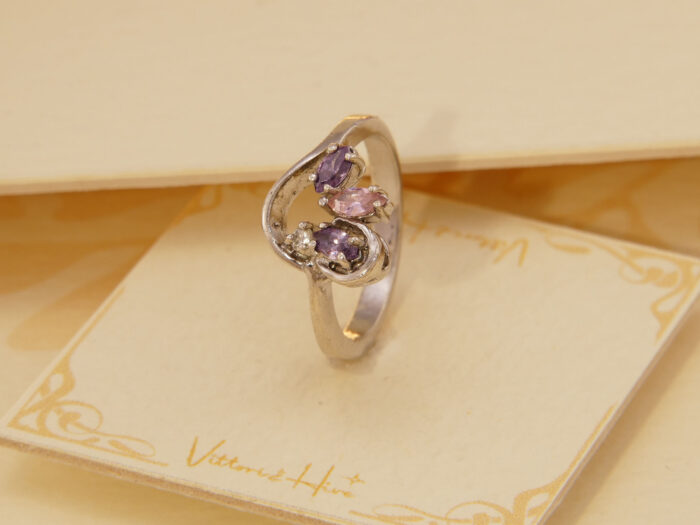Vintage Abstract Pink Kunzite & Amethyst Solid Silver Ring 5
