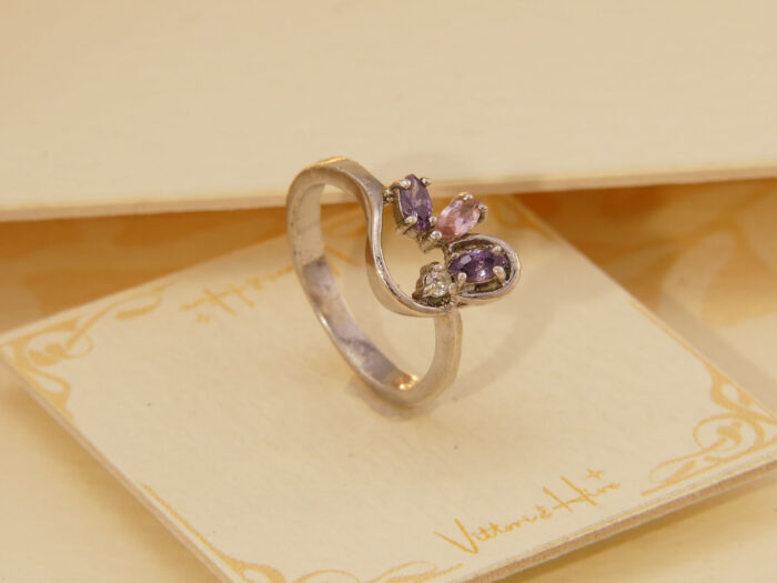 Vintage Abstract Pink Kunzite & Amethyst Solid Silver Ring 7