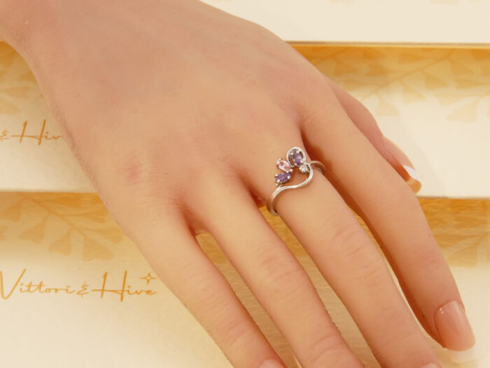 Vintage Abstract Pink Kunzite & Amethyst Solid Silver Ring 9