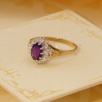 Vintage Amethyst Diamond Halo Yellow Gold Ring 1986 London Size P 7.5 1