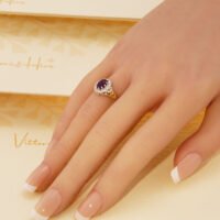 Vintage Amethyst Diamond Halo Yellow Gold Ring 1986 London Size P 7.5 10