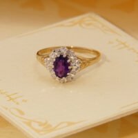 Vintage Amethyst Diamond Halo Yellow Gold Ring 1986 London Size P 7.5 2