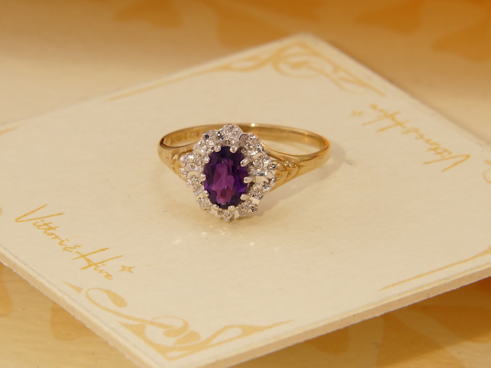 Vintage Amethyst Diamond Halo Yellow Gold Ring 1986 London Size P 7.5 2