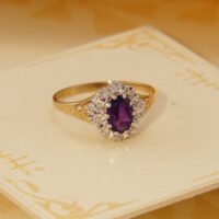 Vintage Amethyst Diamond Halo Yellow Gold Ring 1986 London Size P 7.5 3