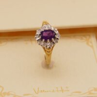 Vintage Amethyst Diamond Halo Yellow Gold Ring 1986 London Size P 7.5 6