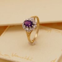 Vintage Amethyst Diamond Halo Yellow Gold Ring 1986 London Size P 7.5 7