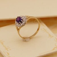 Vintage Amethyst Diamond Halo Yellow Gold Ring 1986 London Size P 7.5 8