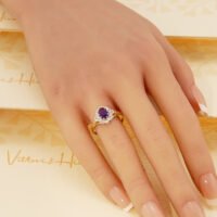 Vintage Amethyst Diamond Halo Yellow Gold Ring 1986 London Size P 7.5 9