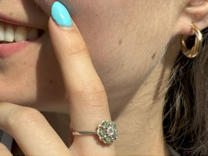 Vintage Emerald Diamond 14K White Gold Daisy Ring 1