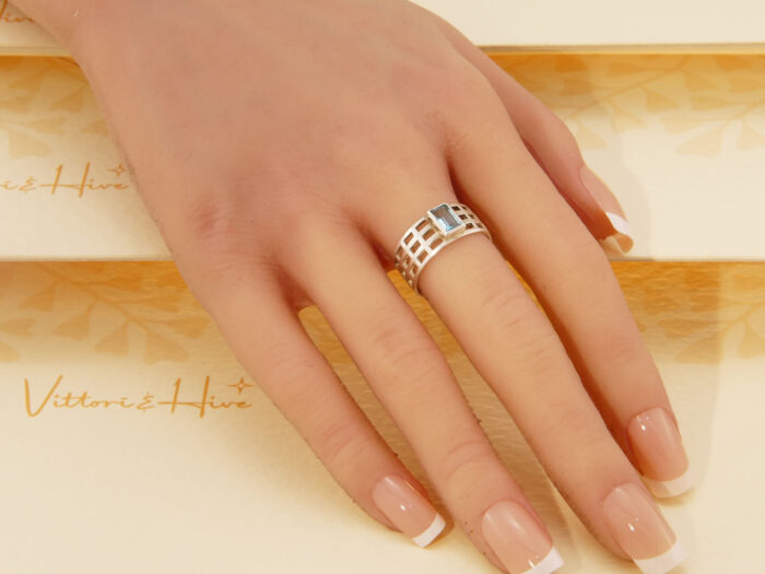 Vintage Step Cut Blue Topaz Solid Silver Ring Art Nouveau Style Size N 7 54 10