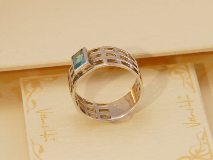 Vintage Step Cut Blue Topaz Solid Silver Ring Art Nouveau Style Size N 7 54 6