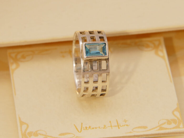 Vintage Step Cut Blue Topaz Solid Silver Ring Art Nouveau Style Size N 7 54 7