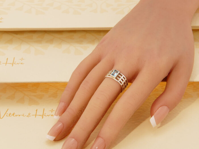 Vintage Step Cut Blue Topaz Solid Silver Ring Art Nouveau Style Size N 7 54 8