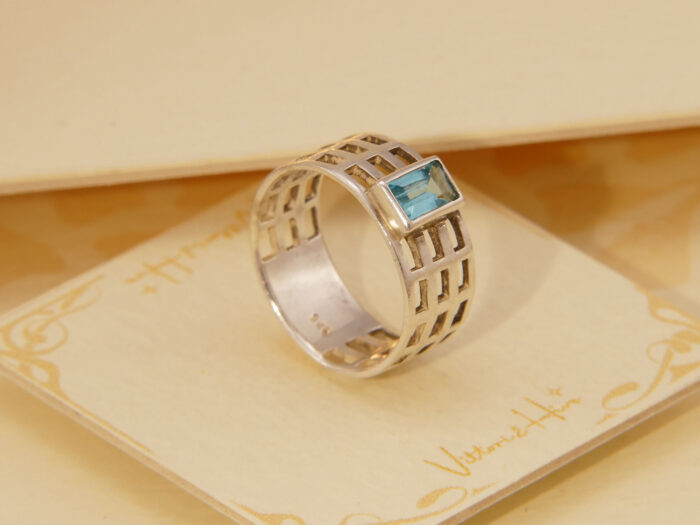 Vintage Step Cut Blue Topaz Solid Silver Ring Art Nouveau Style Size N 7 54 9