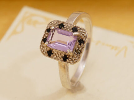 Art Deco Style Rose de France Amethyst & Marcasite Solid Silver Halo Ring 4