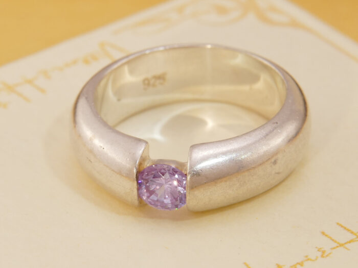 Modernist Pink Zirconia Tension Set Heavy Silver Band Ring 1