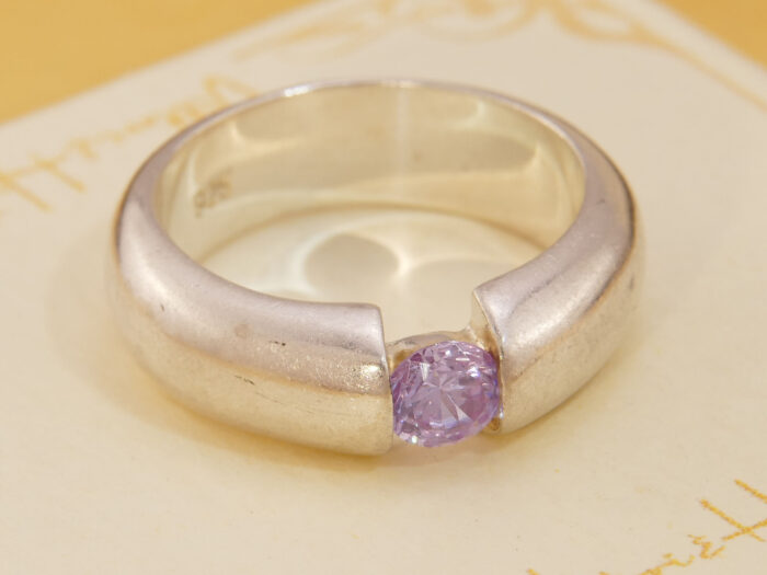 Modernist Pink Zirconia Tension Set Heavy Silver Band Ring 2