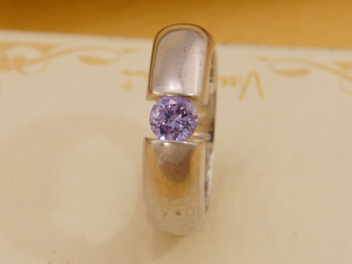 Modernist Pink Zirconia Tension Set Heavy Silver Band Ring 4