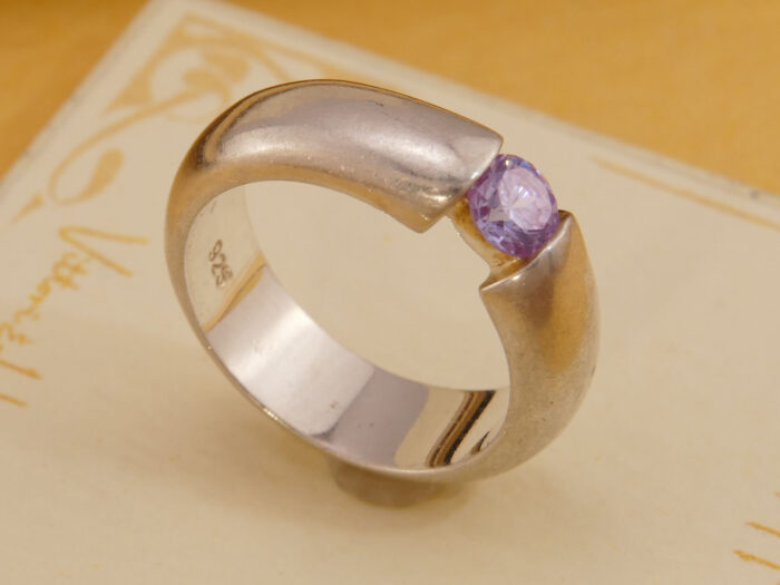 Modernist Pink Zirconia Tension Set Heavy Silver Band Ring 6